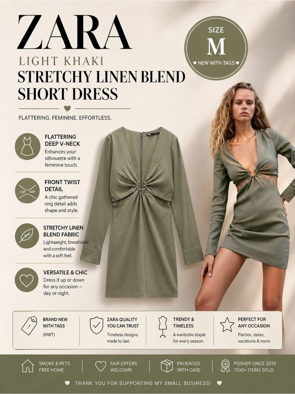 ZARA Light Khaki Stretchy Linen Blend Cut Out Mini Dress Size M NWT Long Sleeve